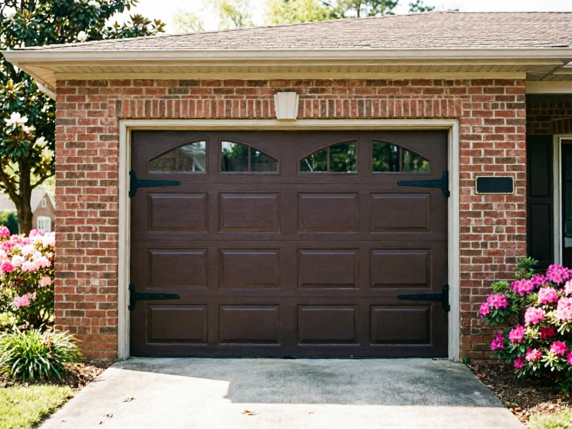 A brown garage door with decorative hardware is set in a red brick house.