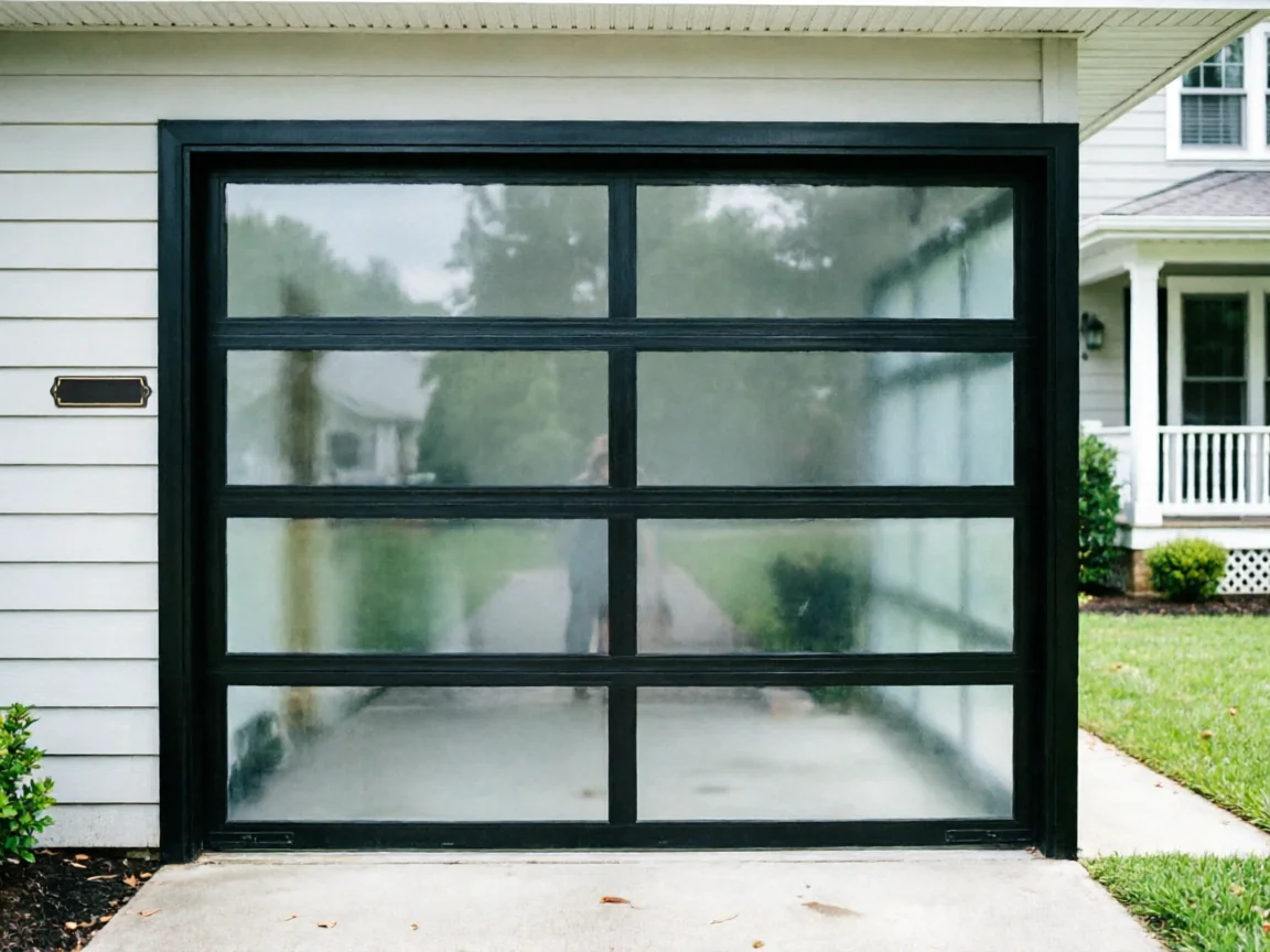 A modern black garage door with frosted glass panels on a white house.