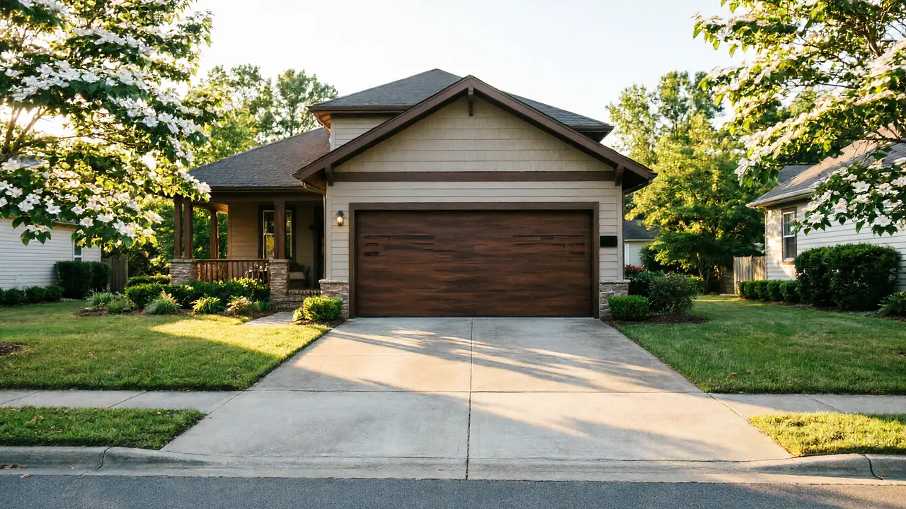 A brown garage door is on a tan house with a porch and green lawn.