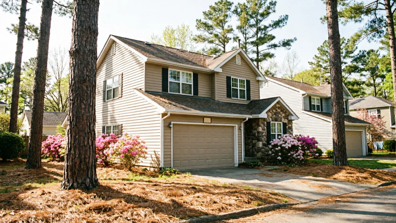 The house has a tan garage door, tan siding, and stone accents.