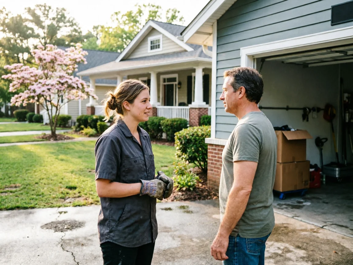 A technician in work gloves talks to a man in front of a house with an open garage.