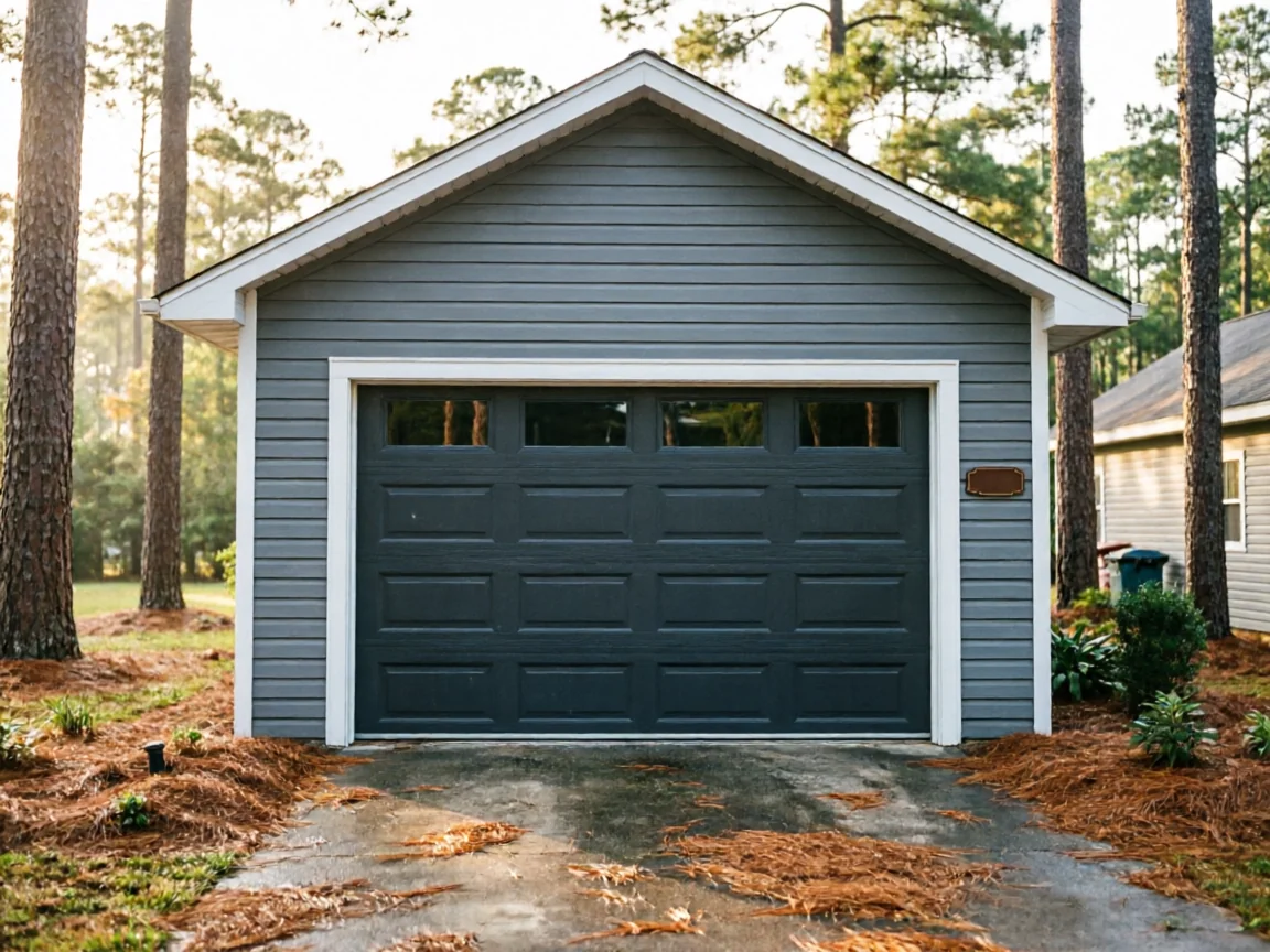 A gray garage with a dark gray door and windows stands among pine trees.