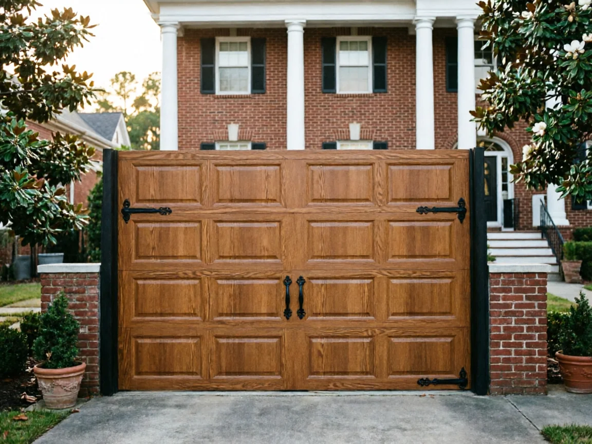 A brown wooden garage door with decorative black hardware stands in front of a brick house.